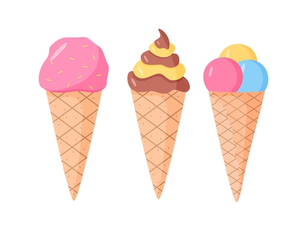 Cartoon set of drawings of ice cream in waffle cups cone Vector doodle illustration of a summer dessert color