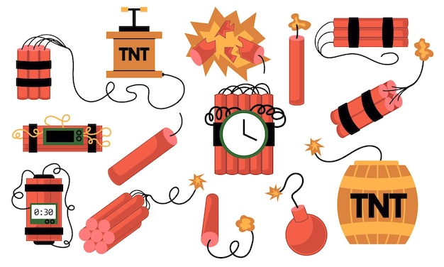 Cartoon set of dynamite and tnt explosives with timer and fuse Collection of fire bomb and dangerous