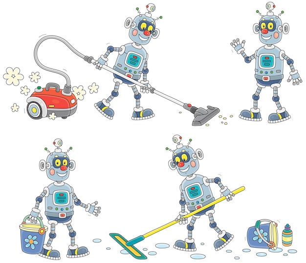 Cartoon set of a funny robot doing housework with a vacuum cleaner, a mop and a bucket of water