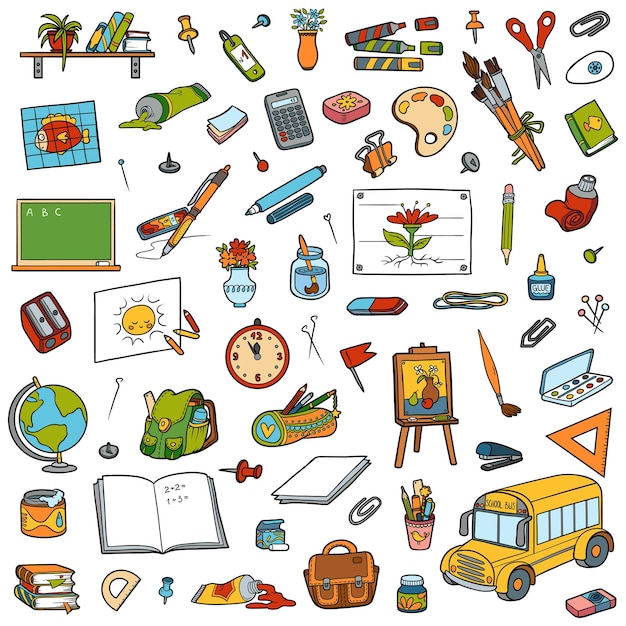 Cartoon set of school objects. Vector colorful collection of stationery and items for study