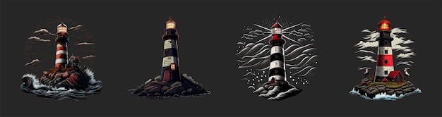 Cartoon set of sea lighthouses. A tower with a searchlight on the shore for maritime navigation