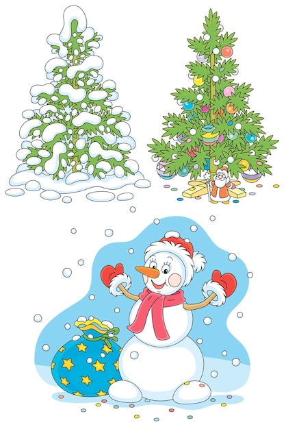 Cartoon set of a snowy fir, a decorated Christmas tree and a funny toy snowman with a gift bag