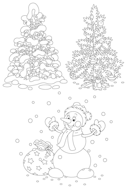 Cartoon set of a snowy fir, a decorated Christmas tree and a funny toy snowman with a gift bag