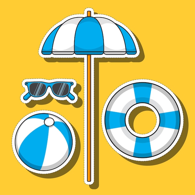 Cartoon set umbrella sunglasses beach ball life buoy blue and white striped on a yellow background