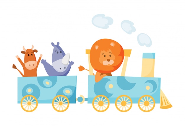 Cartoon set with different animals on trains. Fox giraffe monkey elephant bear pigs bunny tiger behemoth parrot. Flat elements for postcard, book or print