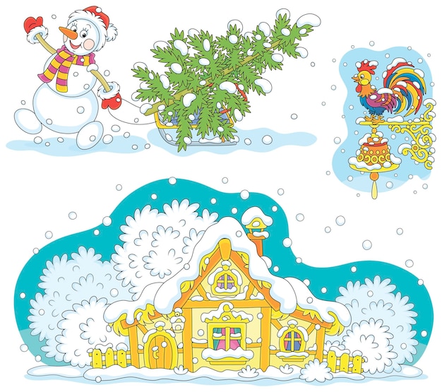 Cartoon set with a funny toy snowman, a green Christmas tree, a weathercock and a snowy small house