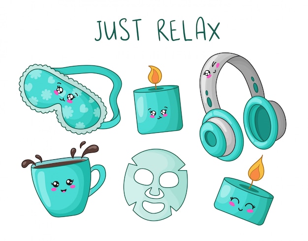 Vector cartoon set with kawaii cute things for rest and relaxation - sleep mask, aroma candle, headphones