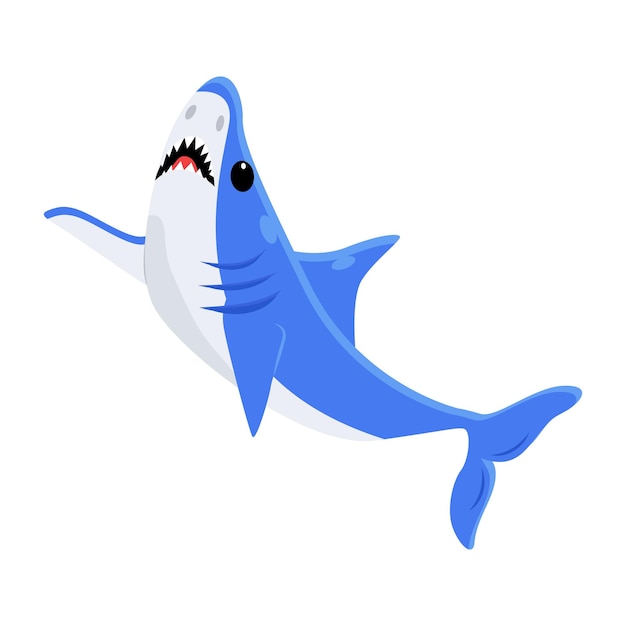 A cartoon shark with a blue body and black eyes.