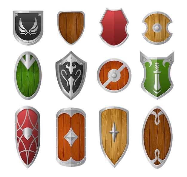 Cartoon shields Wooden and metal armor medieval military guard knight shield vector illustration set