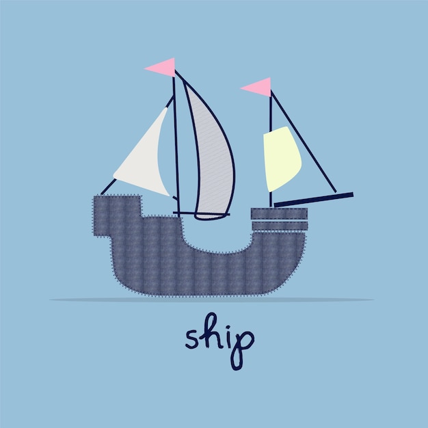 Cartoon Ship flat style vector art illustration isolated on sky blue background.