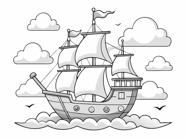 Vector a cartoon of a ship with a flag on the top