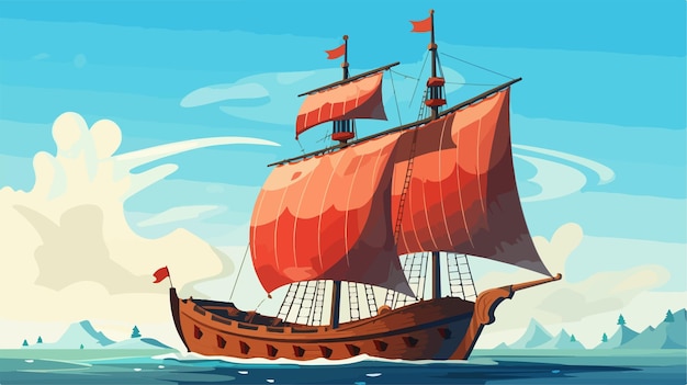 Vector a cartoon of a ship with the red sails