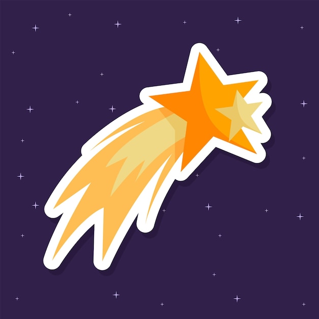 A cartoon shooting star in space with a purple background.