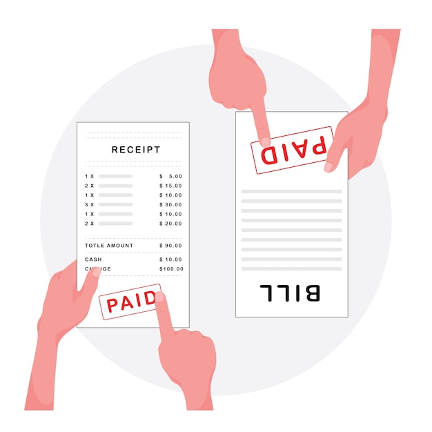 A cartoon showing bill payment feature people point on paid word in an invoice