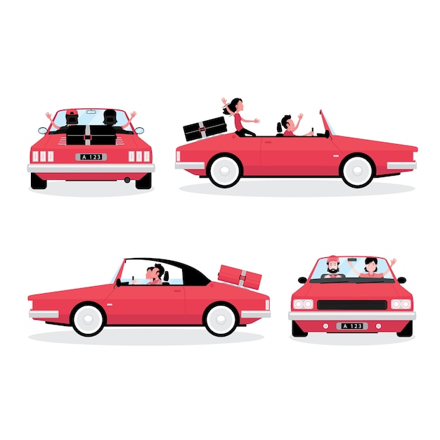 A cartoon showing traveling by car feature a set of four cars with people driving