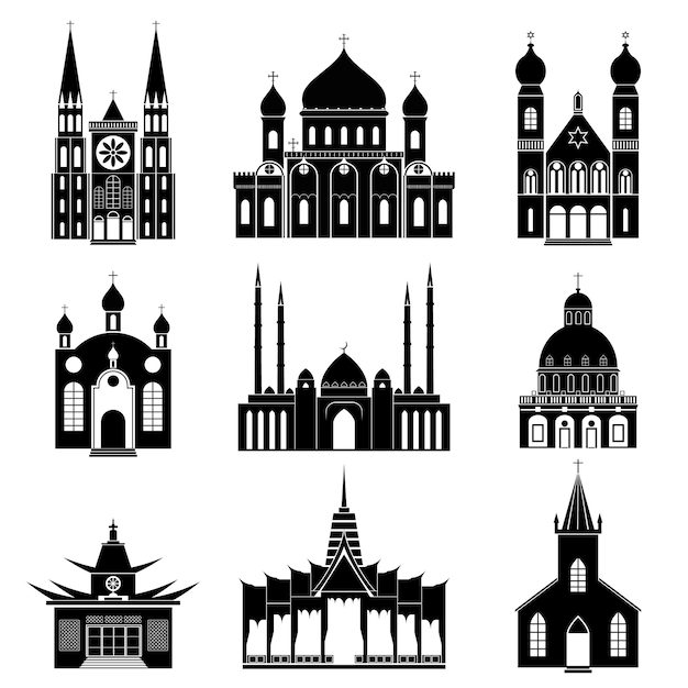 Cartoon Silhouette Black Churches and Temples Icon Set Vector