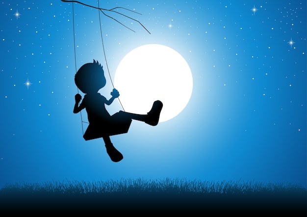 Cartoon silhouette of a boy playing on a swing