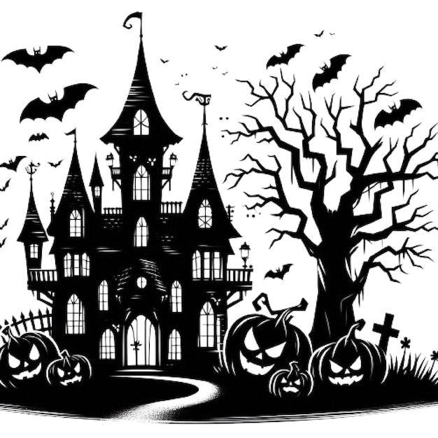 cartoon silhouette of a haunted house with a black castle for halloween