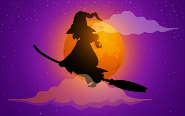 Vector cartoon silhouette of an old witch soaring through the night sky on her broom with a full moon casting a vibrant backdrop perfect for halloweenthemed content and holiday decorations