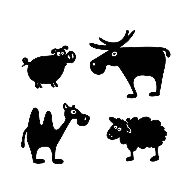 Cartoon silhouette set of domestic and farm animals vector illustration