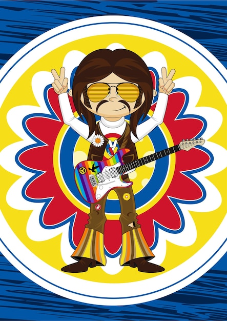 Cartoon Sixties Flower Power Hippie Wearing Sunglasses with Electric Guitar on Flower Background