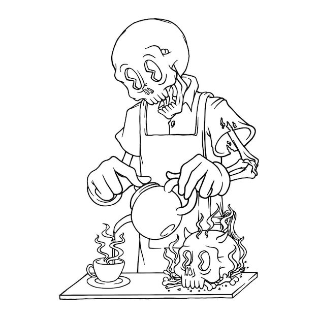 A cartoon of a skeleton cooking in a kitchen.