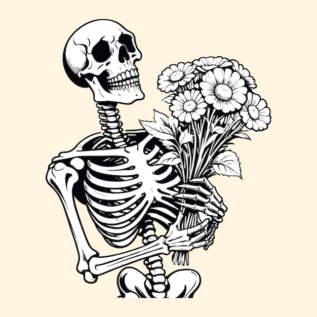 Vector cartoon skeleton holding a bouquet of flowers illustration