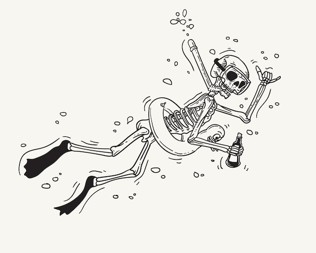 Cartoon skeleton jumping out of the water Summer vibe Outline illsutration