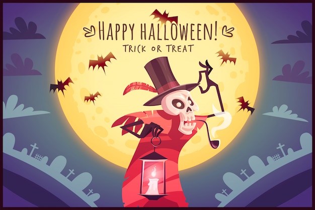 Cartoon skeleton skull hatter with lamp on full moon sky background Happy Halloween poster Trick or treat greeting card  illustration