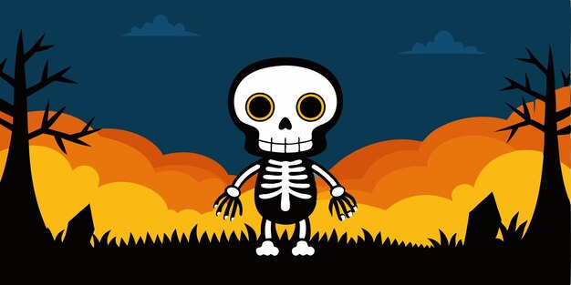 Vector a cartoon of a skeleton with a yellow background with a sky in the background