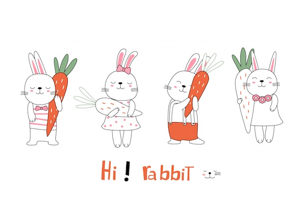 Cartoon sketch cute posture baby rabbit animal with carrot