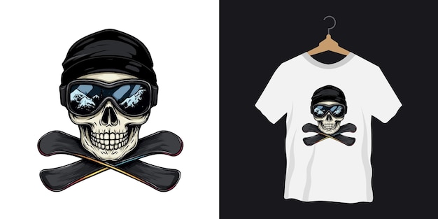 Vector cartoon skull in ski goggles and crossed snowboard winter tshirt design