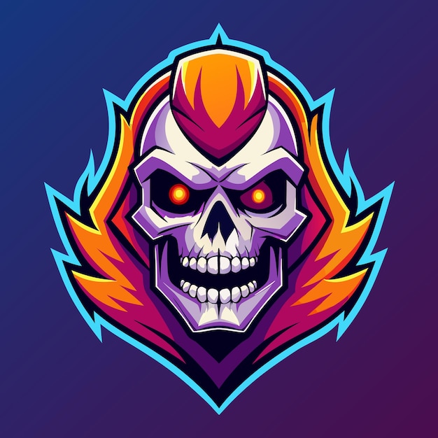 Vector a cartoon skull with flames for hair bright red eyes and a large grin set against a purple background