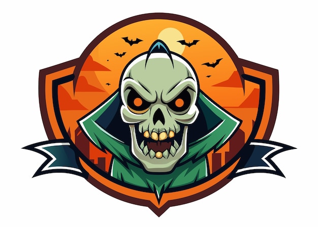 Vector a cartoon skull with glowing eyes wearing a green cloak with bats flying in the orange background