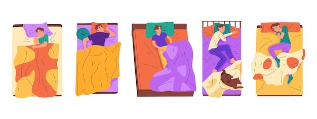 Cartoon sleeping men resting male characters in beds flat vector symbols illustration set