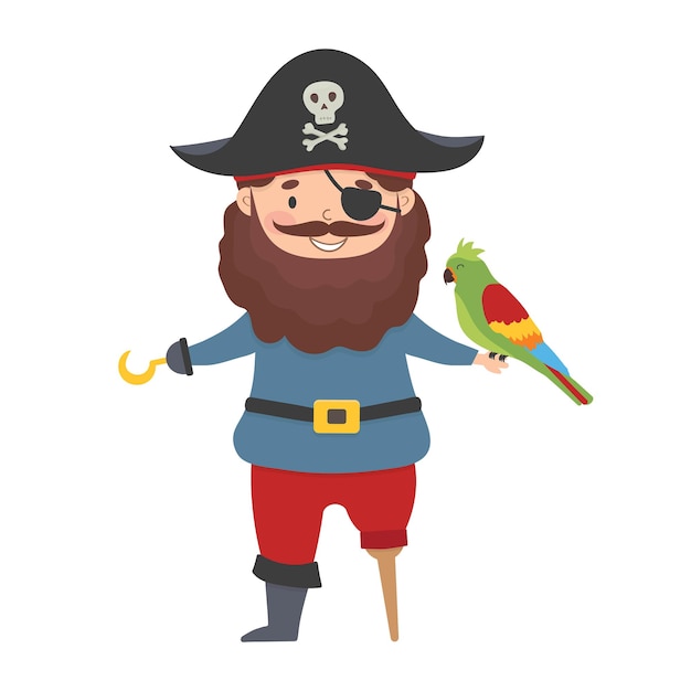 Cartoon smiling pirate captain character, with a parrot on his hand.