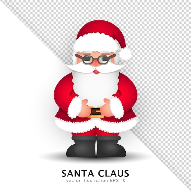 Cartoon smiling Santa Claus in red costume and black boots. Cheerful Santa in brown glasses