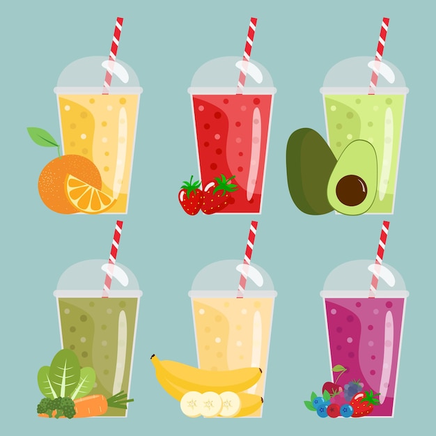 Cartoon smoothies. Orange, strawberry, berry, banana and avocado