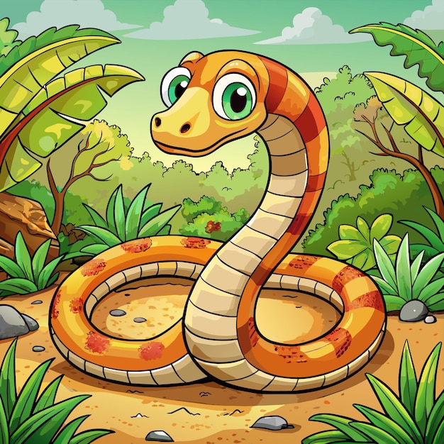 a cartoon of a snake with a green face and orange and orange stripes