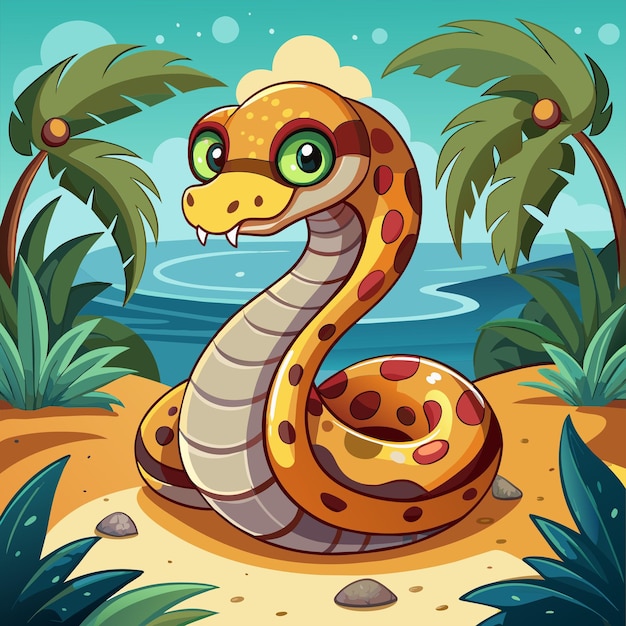 a cartoon of a snake with palm trees in the background