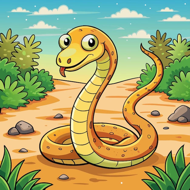 a cartoon of a snake with a yellow mouth and green plants in the background