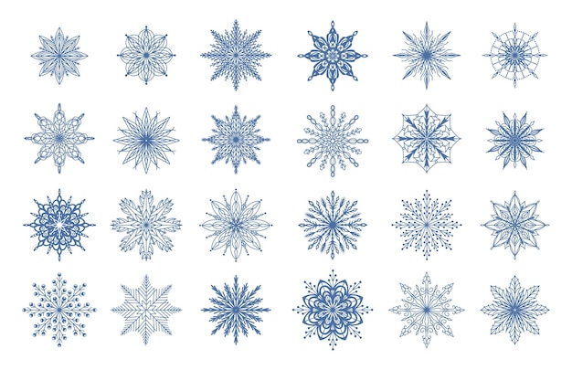 Cartoon snowflakes Winter geometrical ornamental frozen water symbols Christmas snow seasonal decorations mockup Blue flakes isolated collection Snowfall pictograms Vector Xmas ice crystals set