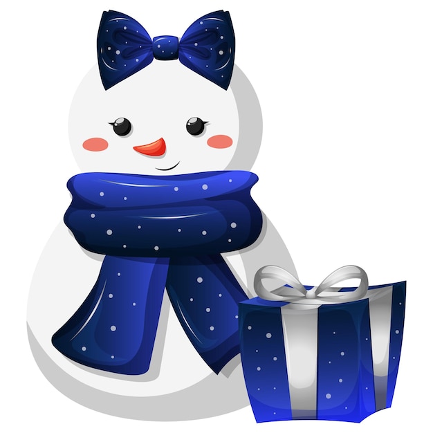 Cartoon snowman girl in blue scarf and hat with gift on transparent background