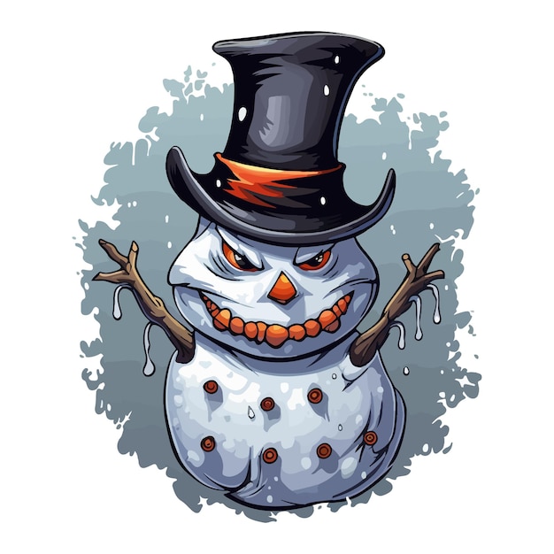 A cartoon snowman wearing a top hat scary sharp icy colored illustration