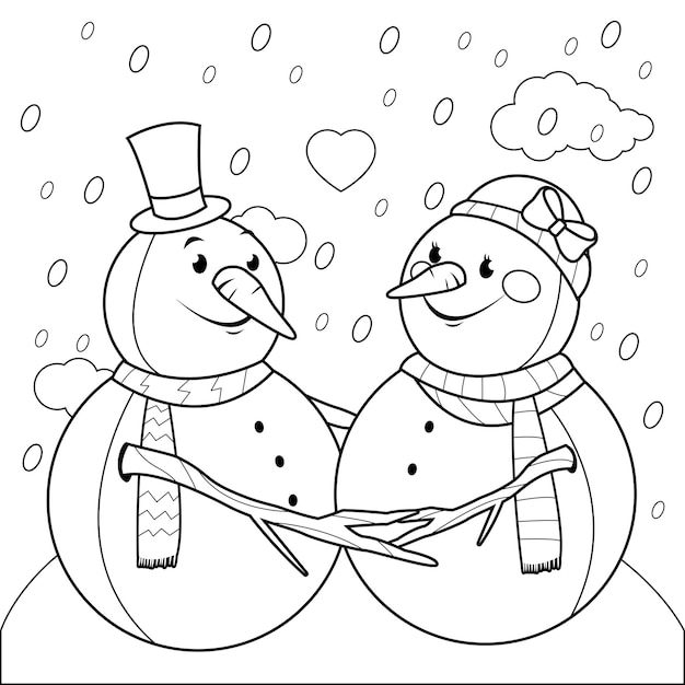 Cartoon snowmen in the snow Winter landscape with cute snowmen Vector coloring page