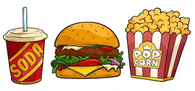 Cartoon soda drink, big hamburger and popcorn