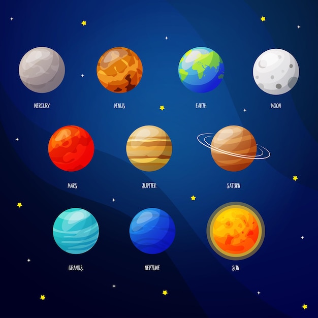 Cartoon solar system planets Astronomy cosmic galaxy space Set of small planets on the sky with stars