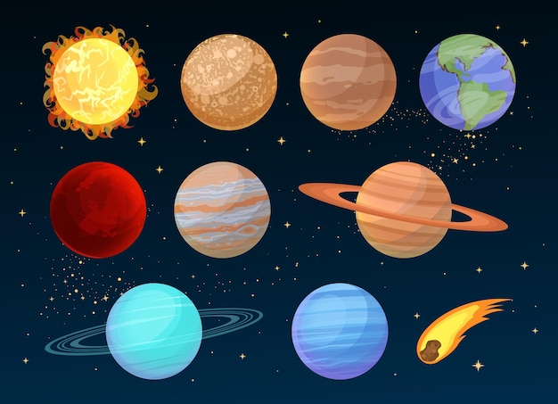 Vector cartoon solar system planets collection set sun mercury venus earth mars jupiter saturn