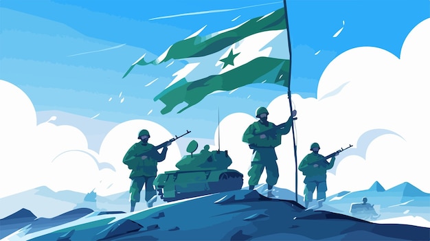 a cartoon of soldiers with a flag and a blue background