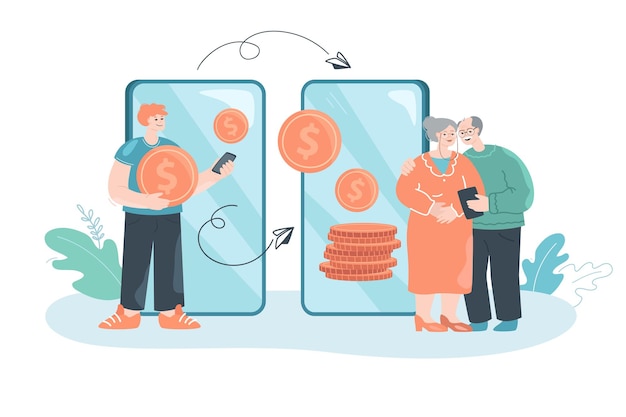 Cartoon son using mobile app to transfer money to old parents. Young man sending coins to elderly mother and father flat vector illustration. Family, finances concept for banner or landing web page